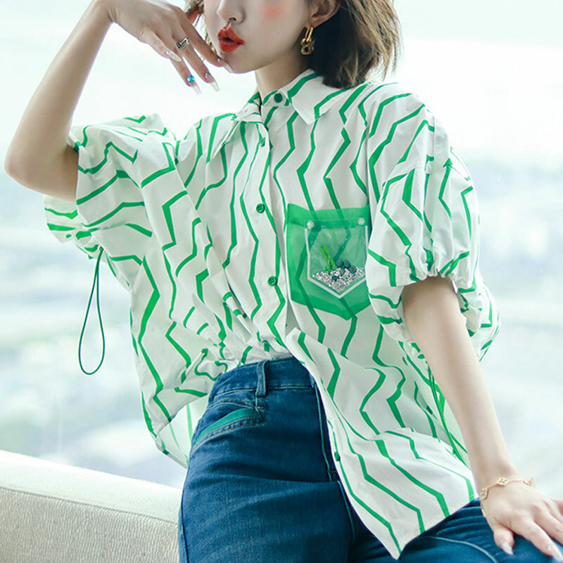 Chemise imprimée coupe vague pour femmes, chemisier épissé, poches, simple boutonnage, manches courtes, mode coréenne, vêtements d'été