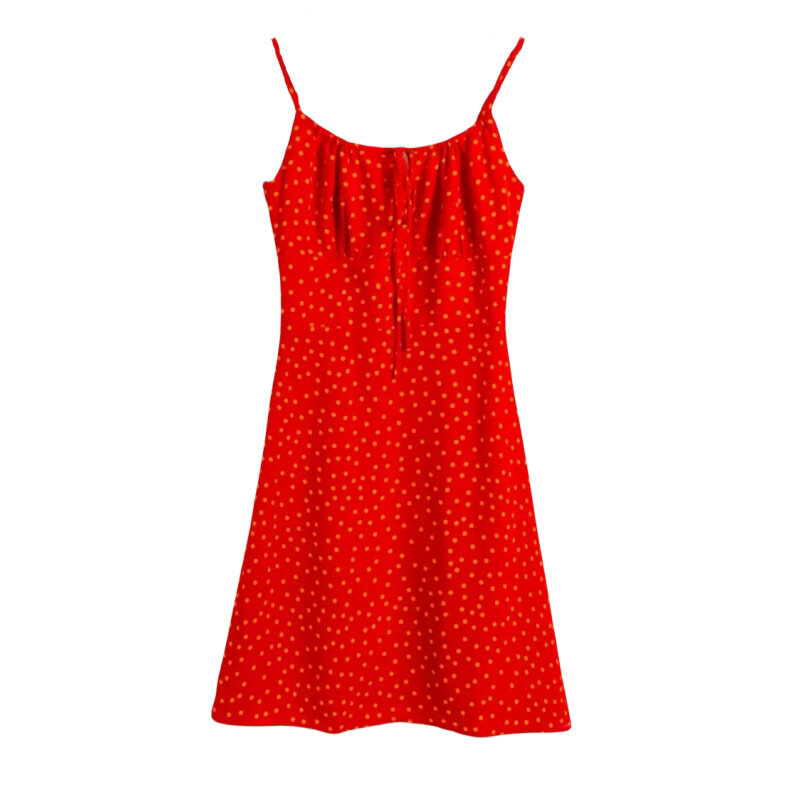 Gaun merah wanita, pakaian wanita tali pinggang tanpa bahu, gaun Mini bercetak titik bulat musim panas