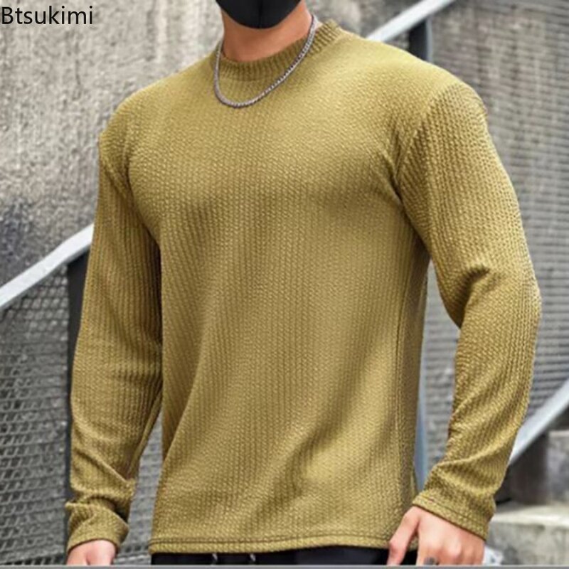 2024 pria kasual lengan panjang rajut pullover O-Neck padat olahraga t-shirt sederhana merajut atasan pria Bottoming kemeja atas