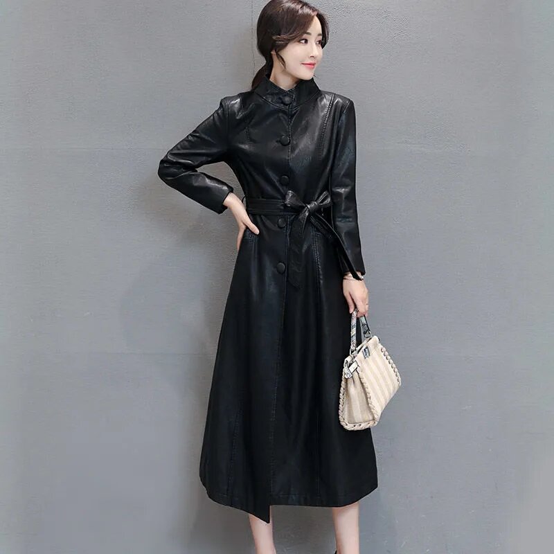 Nowy jesienno-zimowy skórzany płaszcz damski modny wąski pasek długi koreański jednorzędowy skórzany płaszcz 5XL