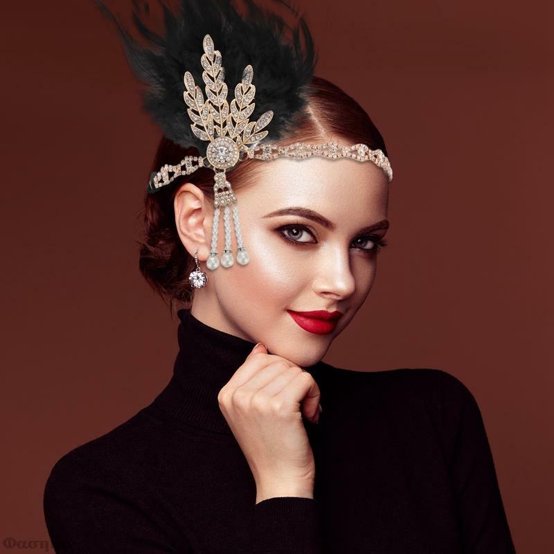 1920s Flapper Headband Feather Headpiece Roaring 20s Great Gatsby Inspired Leaf Medallion Pearl Headband Women Hair Accessories