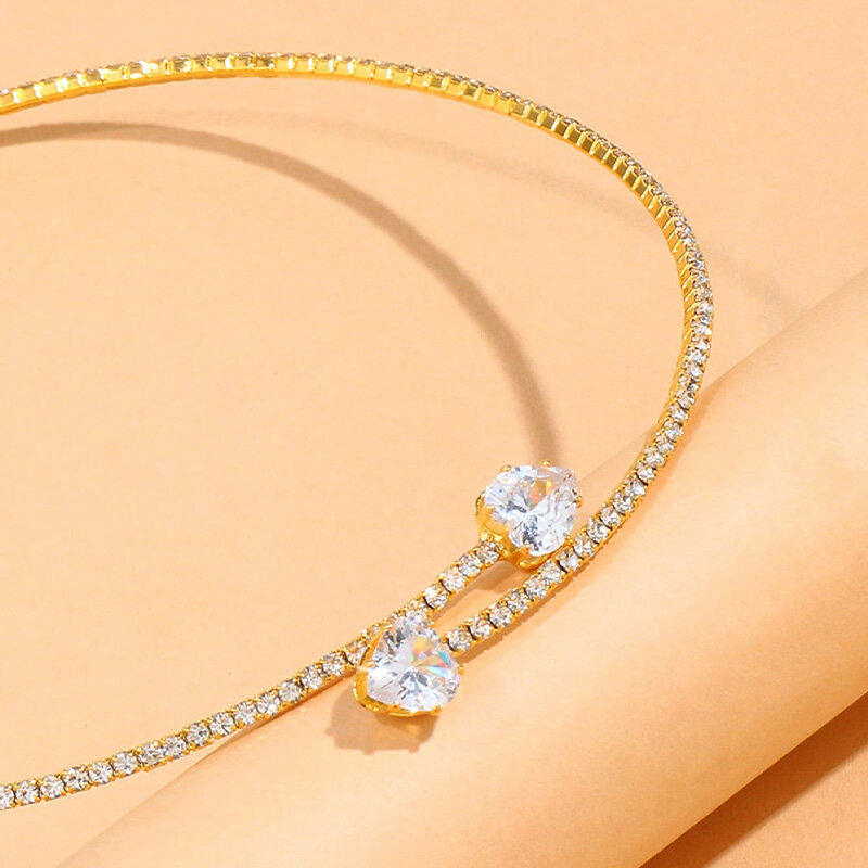 Kalung rantai leher hati wanita, aksesori perhiasan kalung leher terbuka sederhana berlian imitasi untuk perempuan
