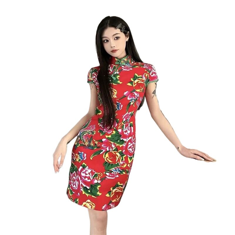150Kg Plus Size Dikke Mm Vrouwen Chinese Stijl Bloemenprint Cheongsam Retro Slanke Sexy Party Bodycon Split Dress Vintage Qipao Vrouwen
