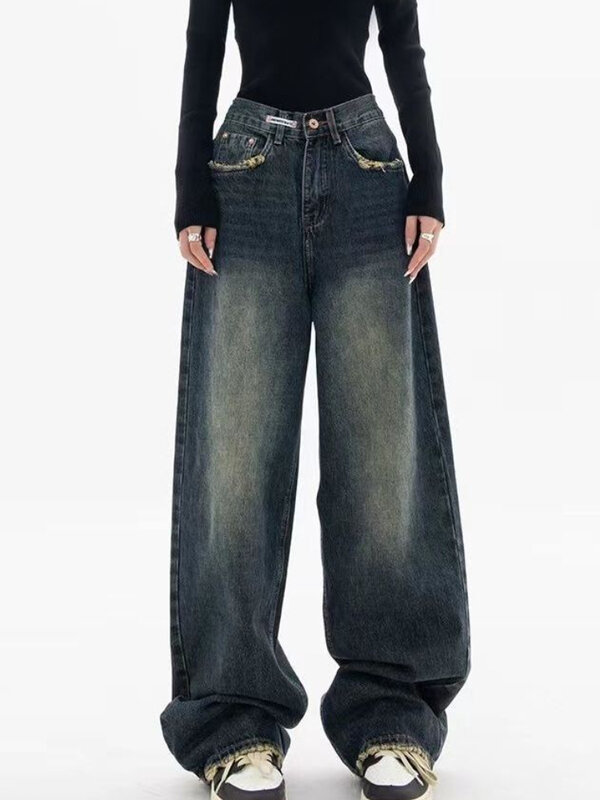 Breite Bein Jeans Frauen Elegante Casual Koreanische Mode Stil Hohe Taille Täglichen Retro Gewaschen Vintage Streeetwear Chic Alle-spiel grundlegende