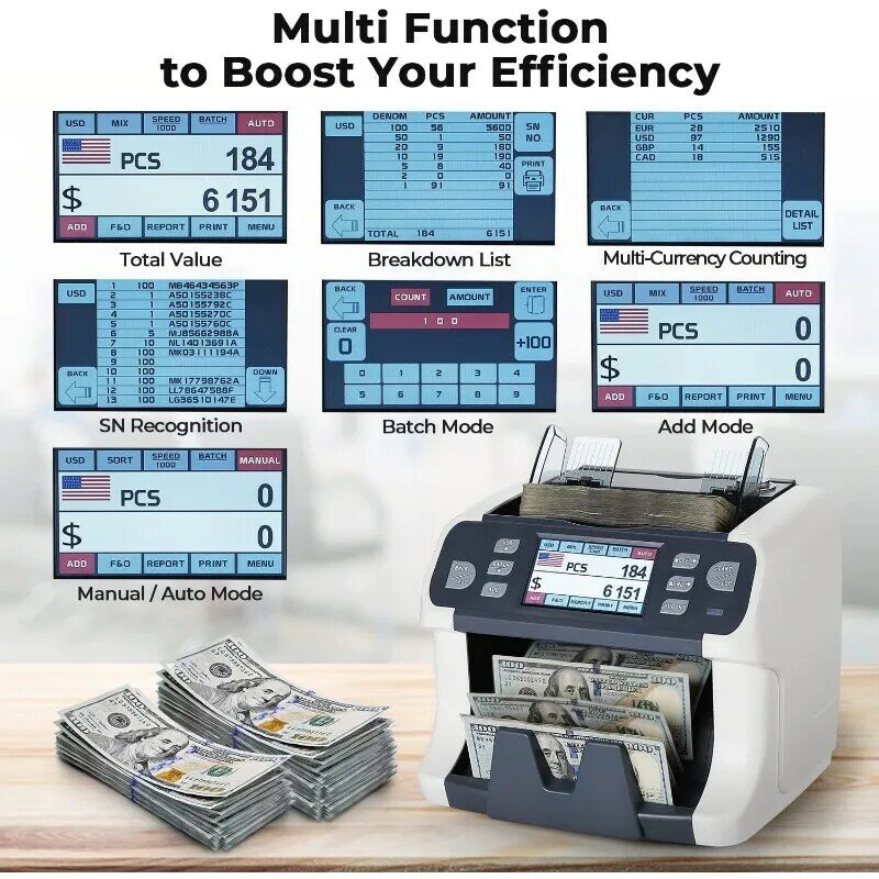 Money Counter Machine Mixed Denomination, Value Counting, Multi Currency Mixed Bill Counter, CIS/UV/IR/MG/MT Detection