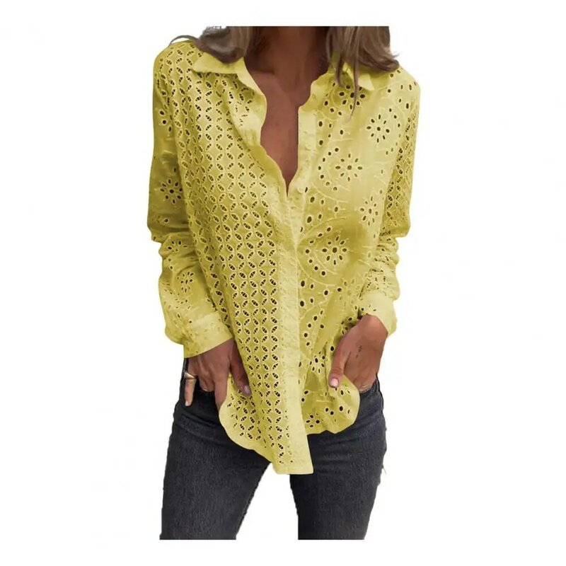 Sexy Hollow Out Embroidery Crochet Blouses Women Spring Solid Long Sleeve Jacquard Top Summer Loose Single Breasted Lapel Shirt