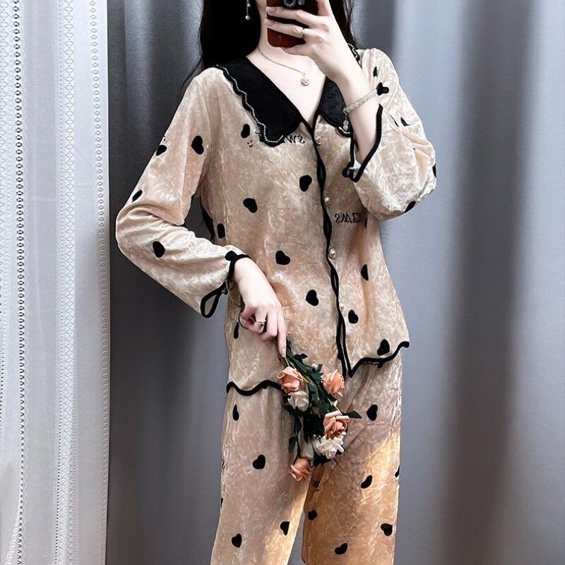 Pijama confortável casual feminino, terno monocromático, elegante com gola de boneca, manga comprida, moda jovem coreana, novo, primavera, outono