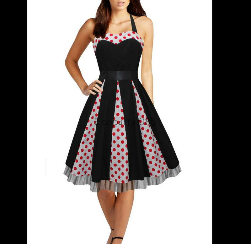 Kobiety panie rocznika 1950s czerwony Polkadot wydruk Panel Pinup styl huśtawka sukienka Rockabilly