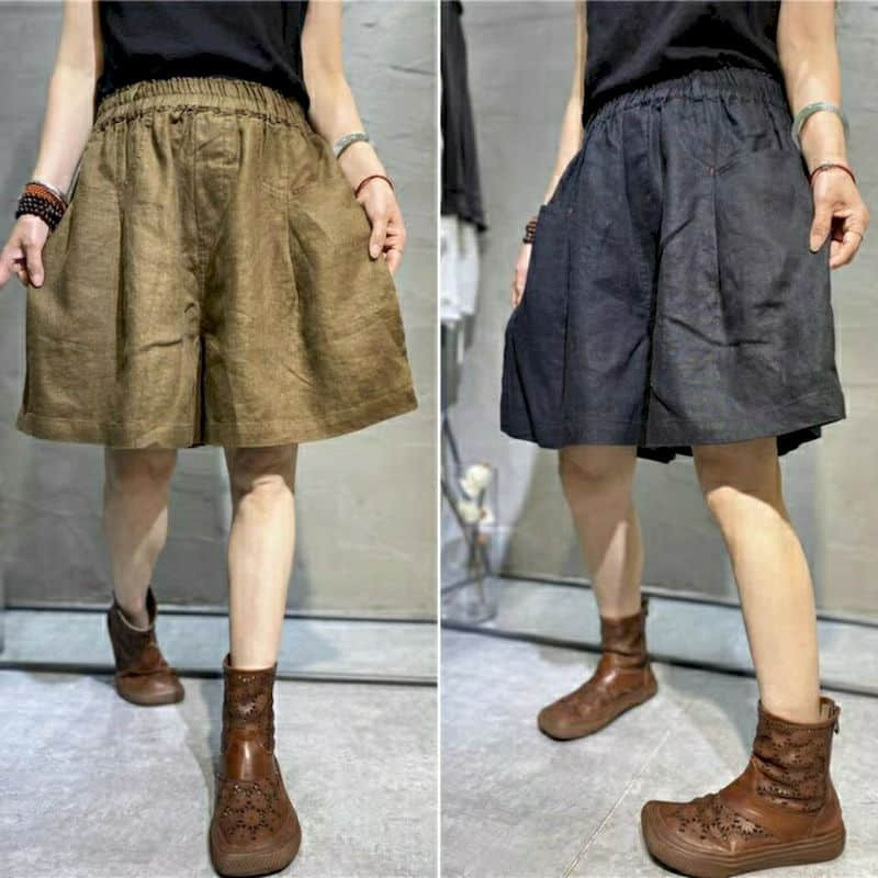 Baumwolle Leinen Shorts Frauen Sommer Vintage elastische Taille weites Bein Hosen lässig lose übergroße Fünf-Punkt-Shorts Frauen Kleidung