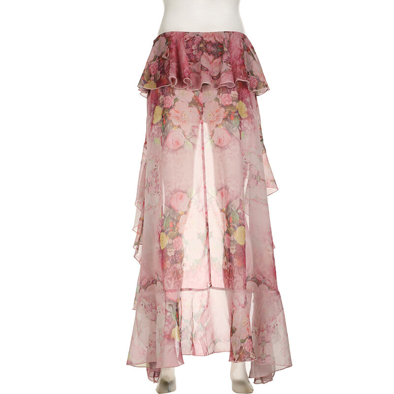 Женская длинная юбка с цветочным принтом, асимметричная летняя юбка макси с многослойными оборками и шортами безопасности