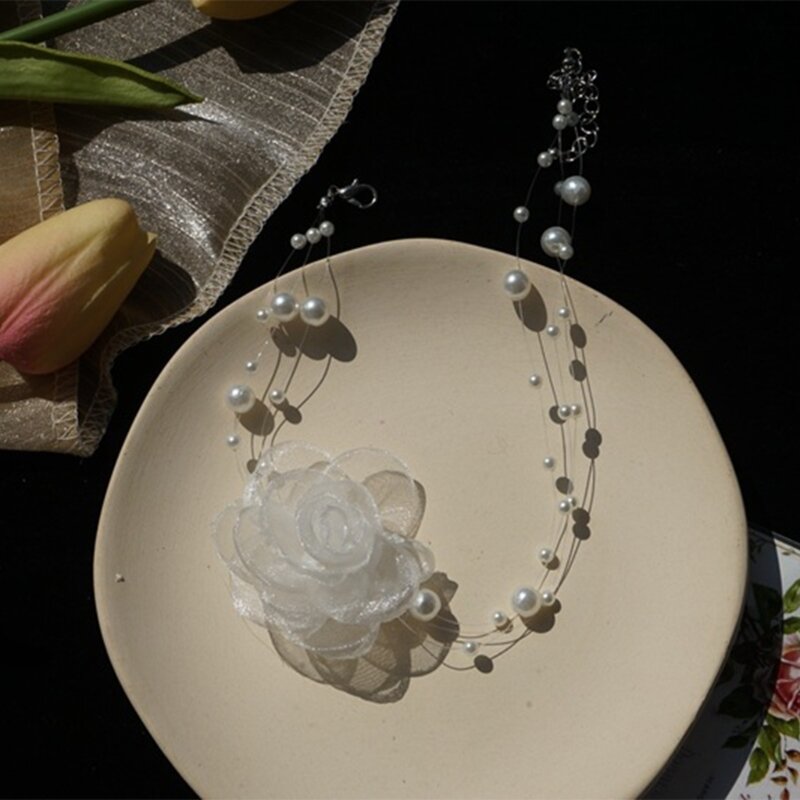 Collier ras cou en dentelle avec perles, ras cou Rose, camélia, gothique, chaîne clavicule, fleur, ras cou Vintage