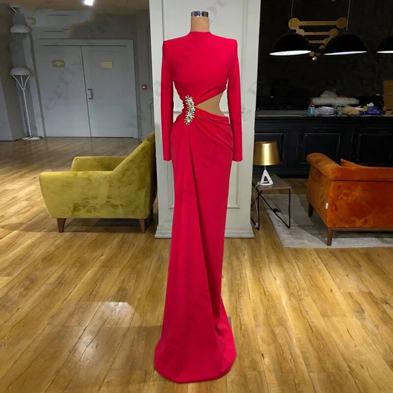 Beautiful Gorgeous Satin Evening Dresses Romantic Fashion Fascinating High Neck Long Sleeves Slimming Mopping New Prom Gowns