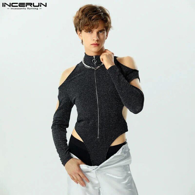 Sexy Fashion Style New Men Bodysuits Hollow Zipper Flash Fabric Jumpsuits Pit Knitted Triangle Long Sleeve Rompers S-5XL INCERUN