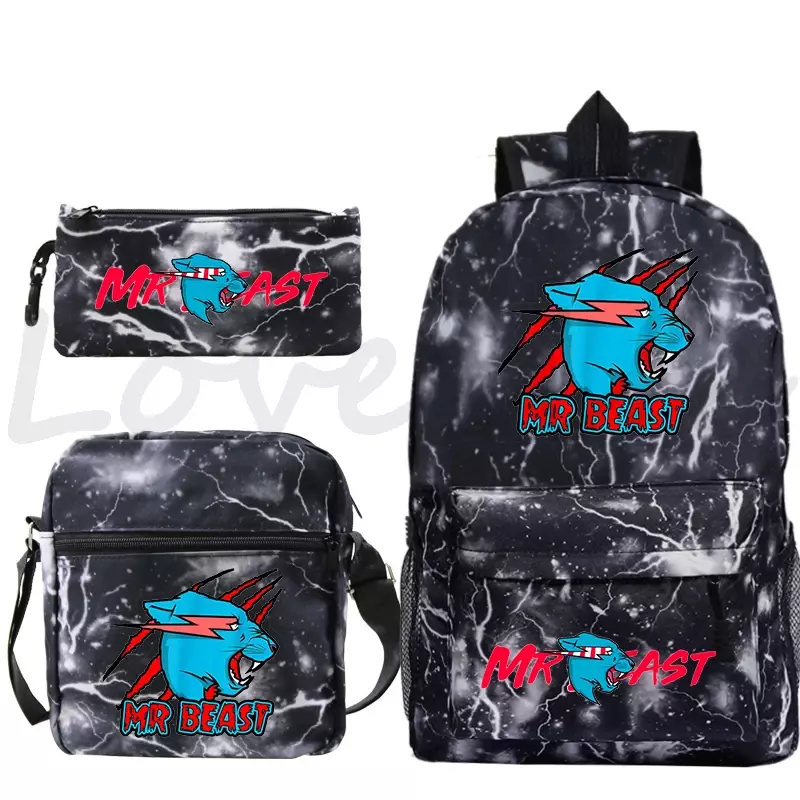 Mr Beast Backpack 3pcs/set Children School Bags Students Boy Girl Bookbag Wolf Lightning cat Knapsack Casual Rucksack schoolbag