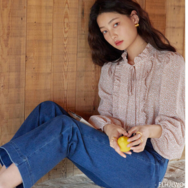 Elegancka koreańska japońska bluzki z falbanką damska styl Preppy nowy projekt stójka Retro Vintage różowa wstążka z kwiatem kokardka opięte bluzki bluzki