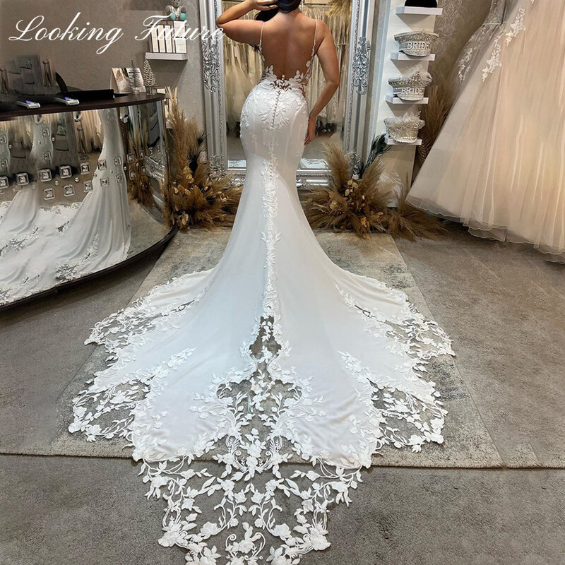 Sexy Ivory Boho Lace V-neck Wedding Dresses Spaghetti Straps Mermaid Bridal Dress Appliqued Lace Backless Wedding Gowns 2024