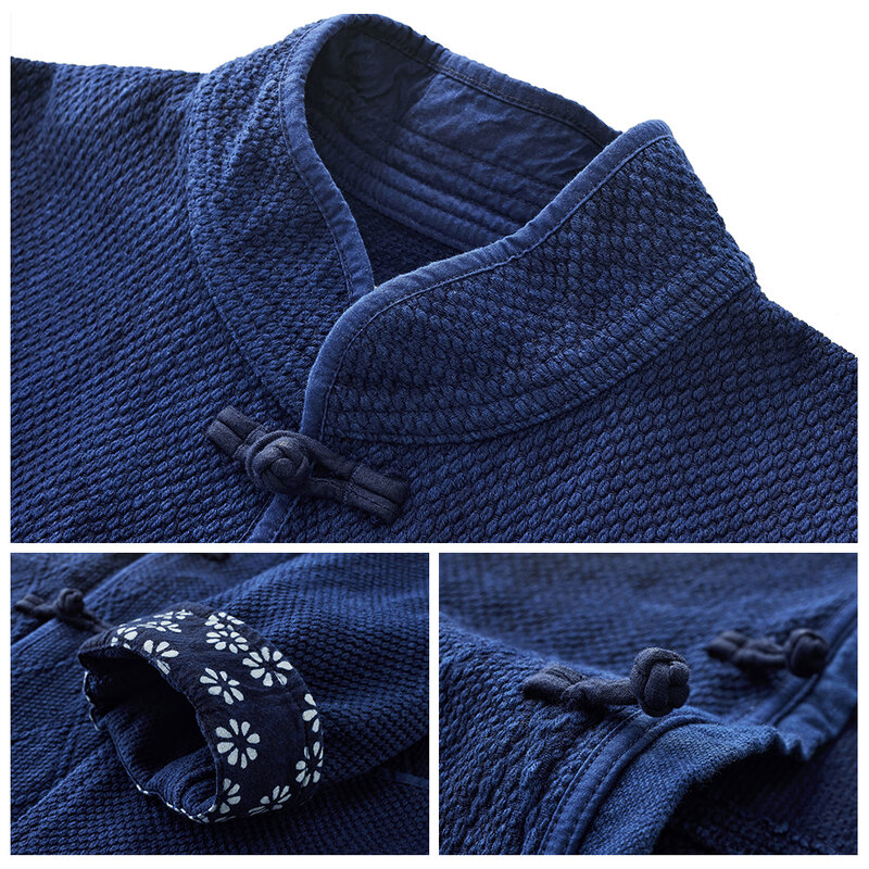 Chaqueta de traje Vintage Indigo Tang para hombre, chaqueta de manga larga con varios bolsillos para otoño e invierno, cárdigan tradicional chino de algodón