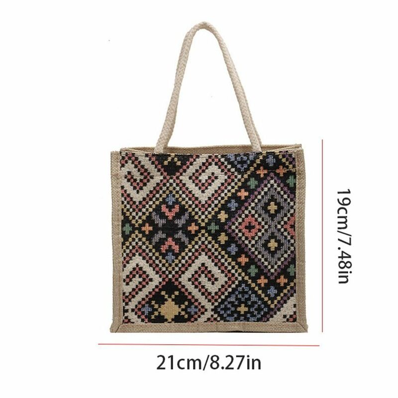Bolso de lona bordado de estilo étnico para mujer y niña, bolsa de almuerzo de Tela con estampado portátil, bolso de mano de lino de gran capacidad
