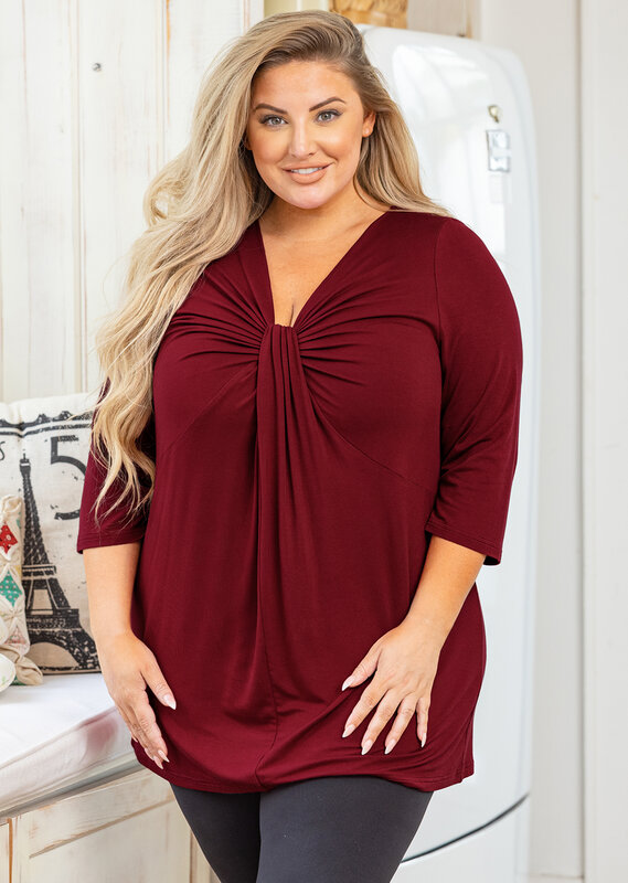 Moodclo Women's Plus Size Tunic 3/4 Sleeve Tunic Twist Knot Front Clothes Maternity V Neck Loose Fit Tops Casual Clothing