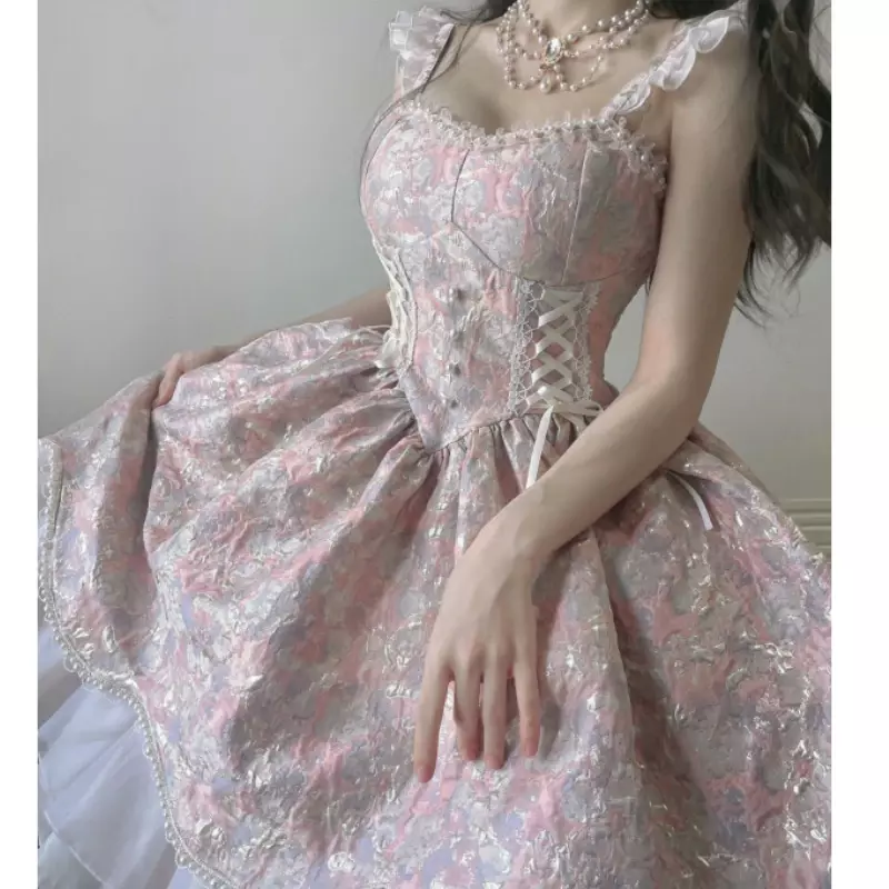 Vestido Lolita Vintage vitoriano para mulheres, babados de renda, bandagem fina pérola, vestidos de princesa, mini vestido feminino para festa fofa, doce e elegante