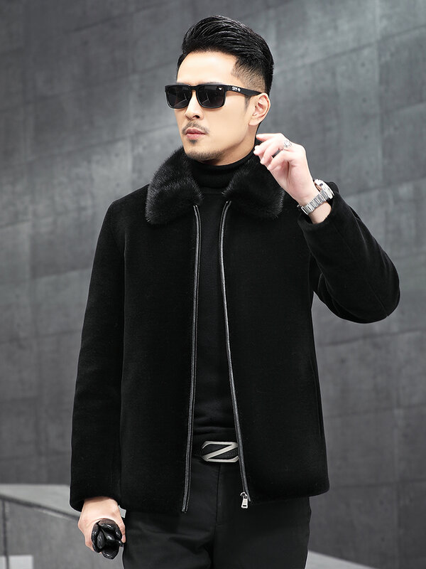 Abrigo de piel de visón para hombre, chaqueta de plumón integrada, de manga larga, con bolsillo, Color sólido, a la moda, para invierno