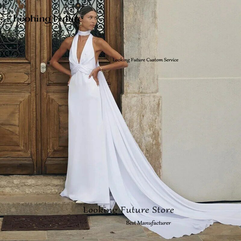 Gaun pernikahan panjang klasik seksi V-Neck dalam gaun pengantin untuk wanita tanpa lengan sederhana Backless menyapu gaun Kereta Vestido 2024