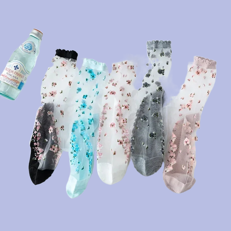 5 Paar atmungsaktive ultra dünne Socken Sommer Frauen transparente Spitze Seide Kristall Rose Blume Mädchen elastische kurze Socken