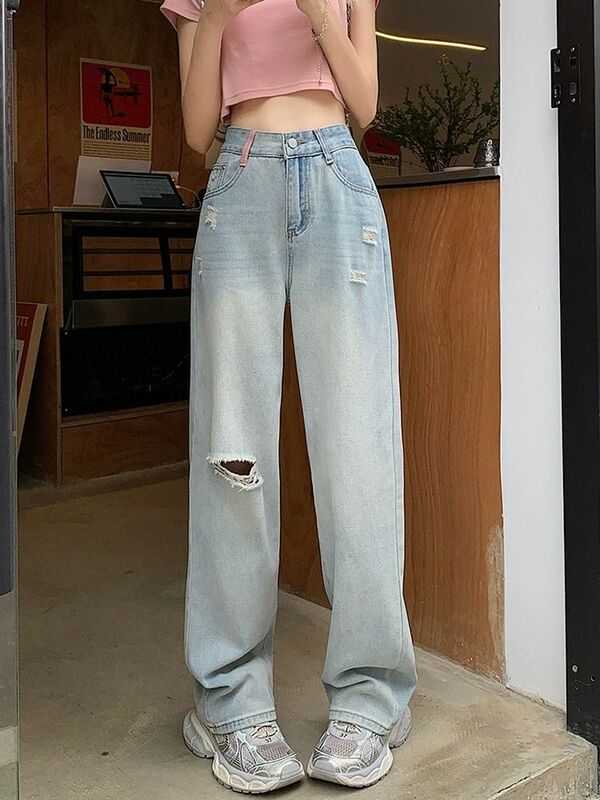 Celana Jeans kaki lebar lubang, celana panjang lurus longgar ramping pinggang tinggi tipis edisi Korea musim semi/Panas 2024