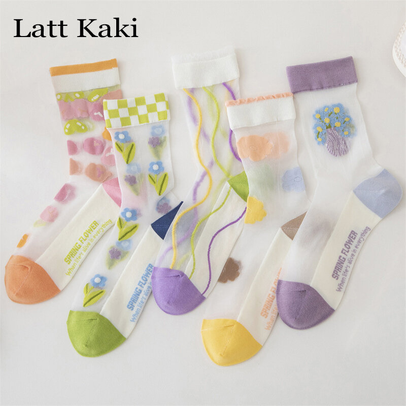 Kaus kaki transparan wanita, 5 pasang/lot Set kaus kaki tipis musim panas modis baru bunga bernapas gaya Jepang segar kaus kaki panjang tren