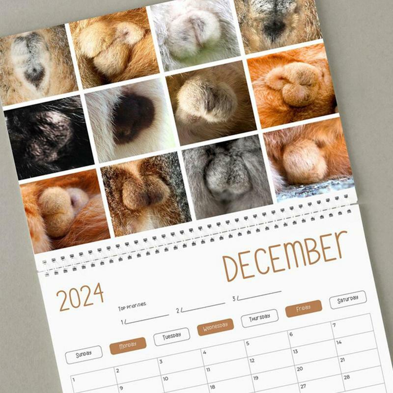2024 Забавный настенный календарь с кошкой и ягодицами, изысканный узор на всю страницу, плотный прочный бумажный календарь-планер в виде кошки