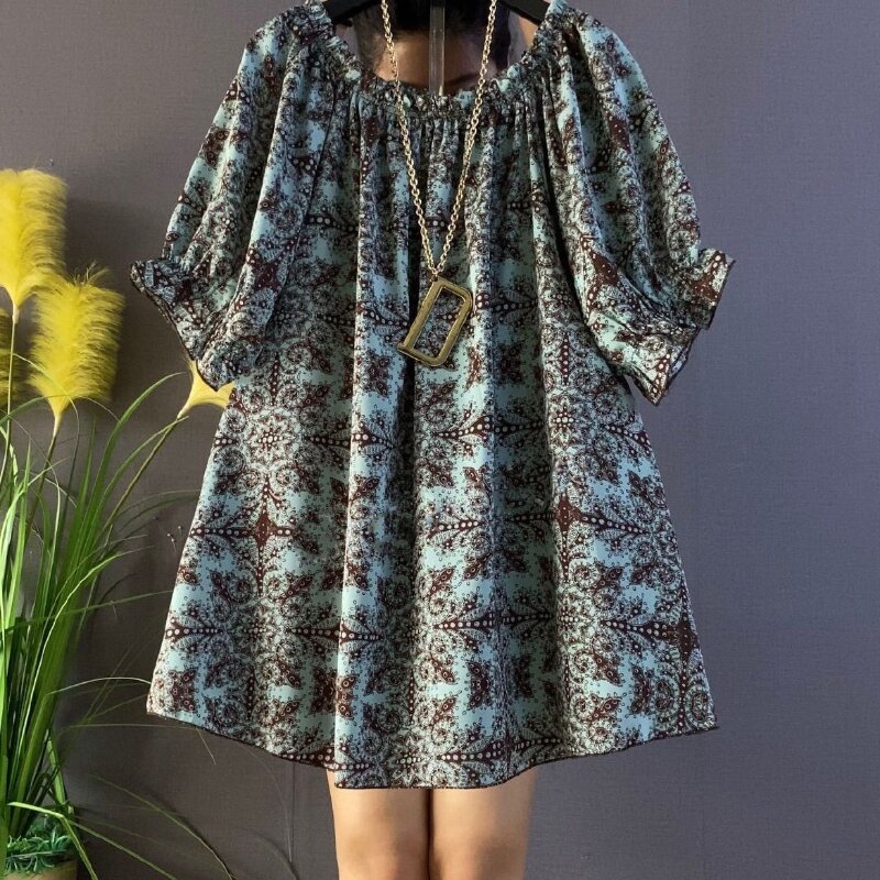 플러스 사이즈 슬래시 넥 반팔 프린트 플리츠 여성 드레스, 섹시하고 우아한 미니 원피스, 2024 여름 신상