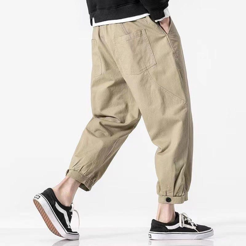 spring Summer new Solid color fashion Elastic waist ankle length pants man High street Pure cotton pocket patchwork trousers