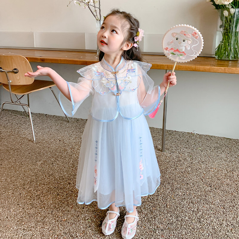 Gaun anak Perempuan Musim Panas 2024 baru Hanfu putri bayi modis anak-anak gaya Cina rok jala Cheongsam kostum performa