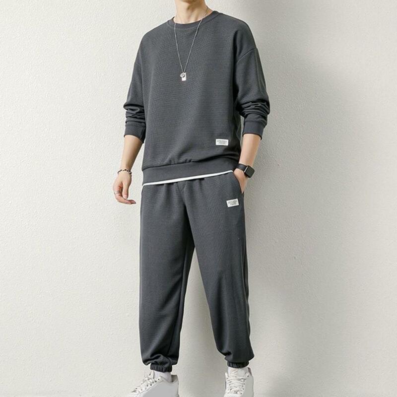 Men Casual Two-piece Set Men's Waffle Texture O-neck Long Sleeve Top Elastic Waist Sweatpants Set Solid Color Casual for Spring