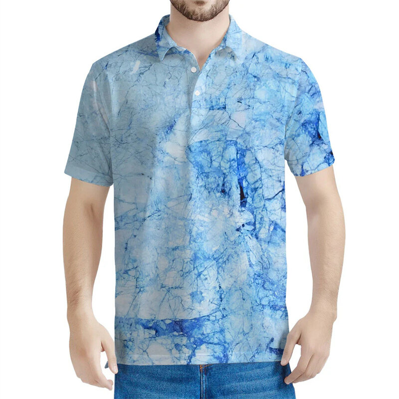 Рубашка-поло мужская с 3D-принтом, короткий рукав, с мраморным рисунком, Повседневная Уличная одежда на пуговицах, большие размеры, лето