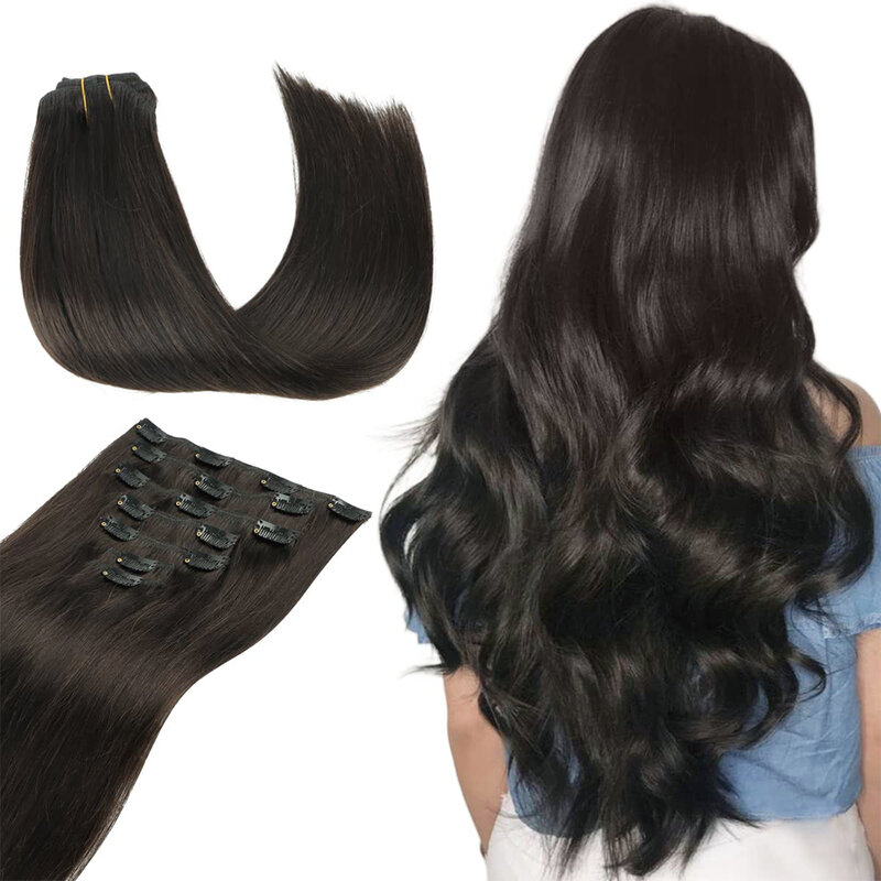 Model rambut lurus panjang 16 klip 7 buah/set ekstensi rambut pirang sintetis alami rambut hitam pirang tahan panas untuk wanita