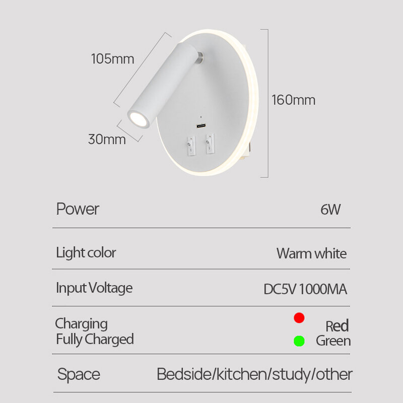 Lampu tembok LED melingkar, 6W baterai rumah tangga pengisian daya USB 330 ° lampu berputar kepala dalam ruangan tanpa kabel isapan magnetik