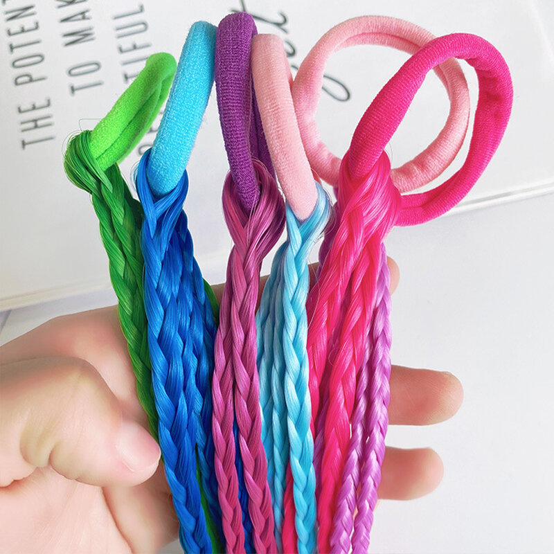 Synthetische Kleurrijke Vlechten Hair Extensions Met Elastiekjes Regenboog Gevlochten Paardenstaart Haarstukjes Voor Kinderen Meisjes