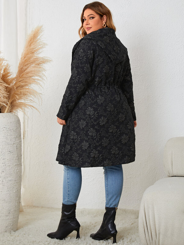 Neue Herbst & Winter große Jacke y2k Vintage schwarz Knopf lange Bluse taillierte Gürtel Kapuze Langarm Plus Size Mantel
