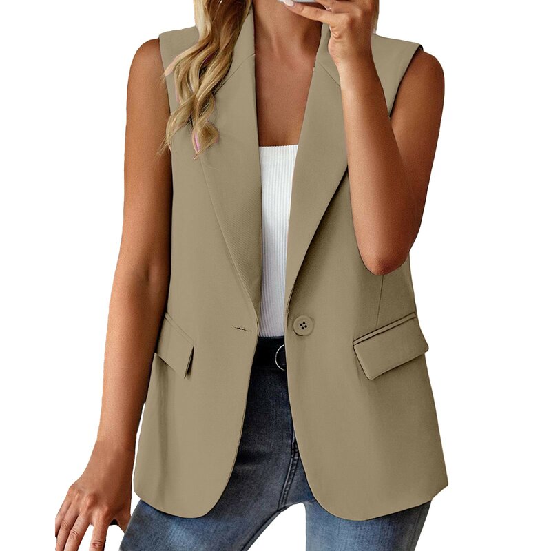 Women Solid Color Sleeveless Coat Lapel Cardigan Suit Simple Elegant Cardigan Jacket With Pockets Ladies Chic Casaco Feminino