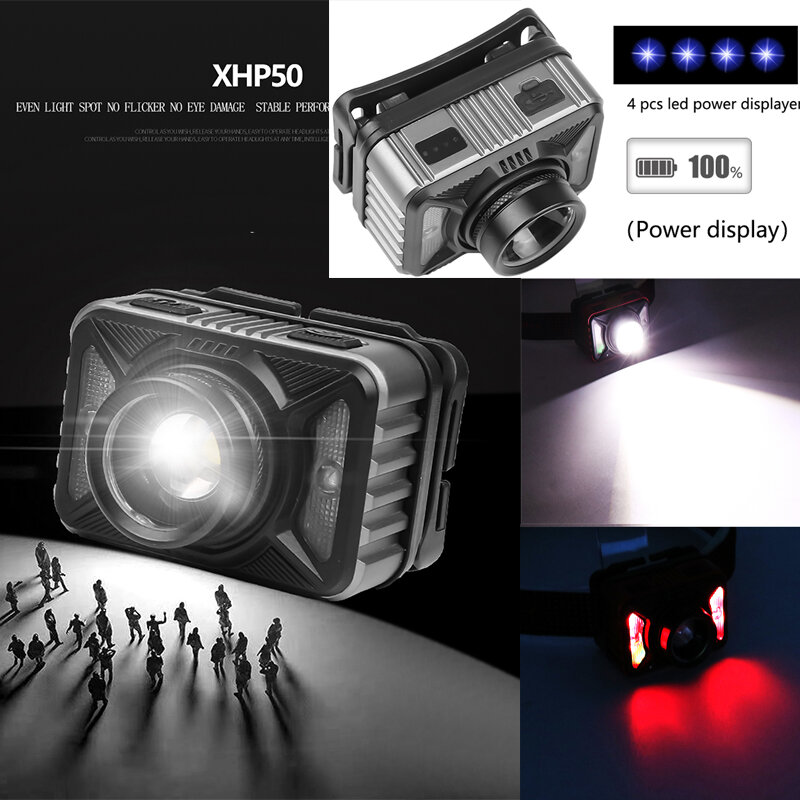 Powerful XHP50 LED Headlamp Red/White Light Rechargeable Headlight Outdoor Waterproof Head Lamp IR Motion Sensor Head Light