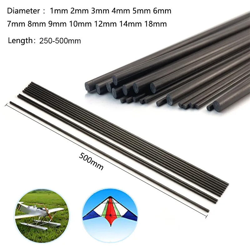 High Strength Lightweight Carbon Fiber Rod, reforço Rod para DIY, sólidos, 1mm, 2mm, 3mm, 4mm, 5mm, 6mm, 7mm, de 8mm a 18mm, 250 a 500mm