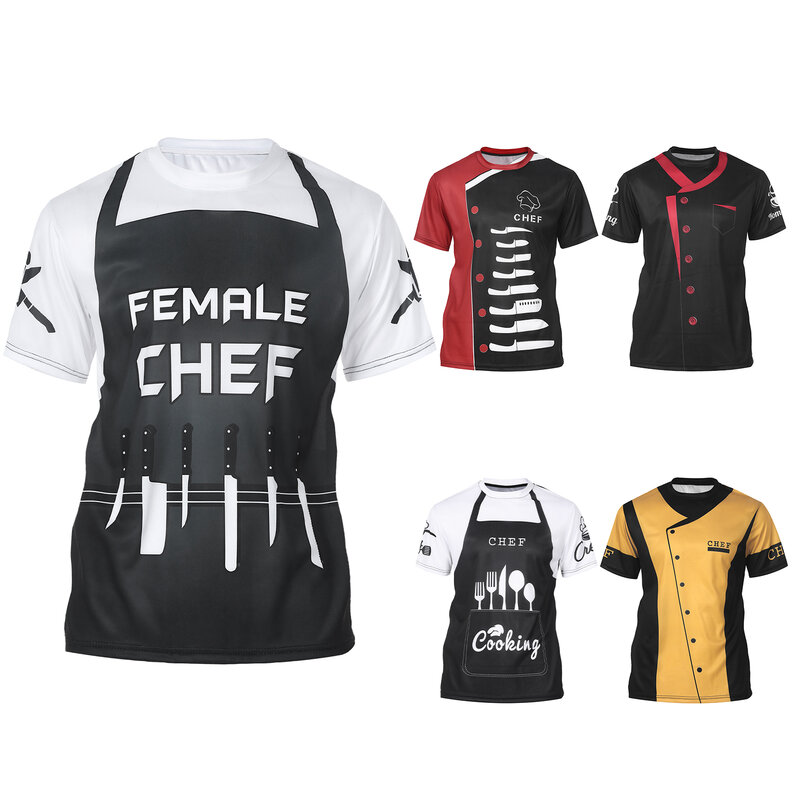 Mens Chef T Shirt Work Uniform Creative Color Block Printed Chef Tops Restaurant Kitchen Cooking Costume Short Sleeve Tee Top