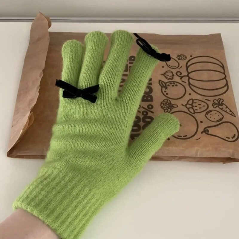 1Pair Bow Warm Gloves Cute Cold-proof y2k Touch Screen Gloves Finger-leaking Rabbit Fur Knitted Gloves Women