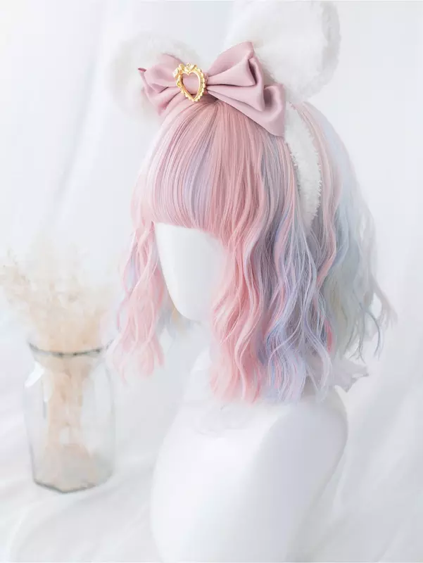 Парик женский синтетический двухцветный с челкой, термостойкий с короткими натуральными волнистыми волосами для повседневного использования, косплея, 12 дюймов, голубой розовый