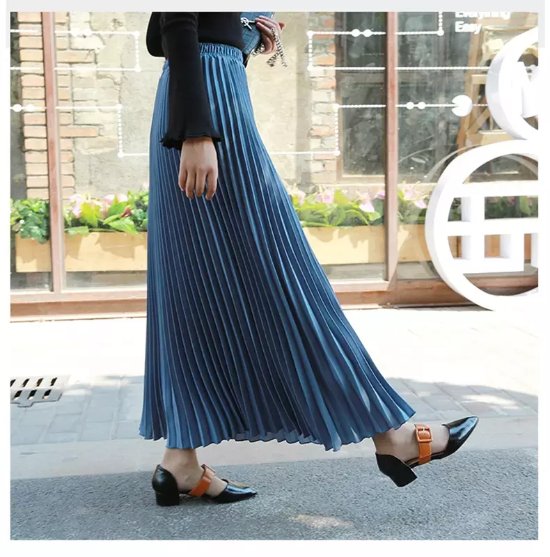 Long Pleated Skirts for Women Solid Color Spring Fall Chic Elastic Band High Waist A Line Skirt Elegant Office Ladies Midi Dress