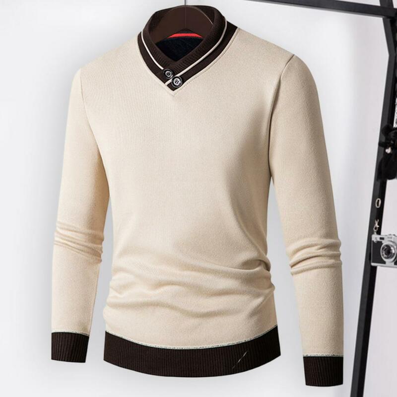 Sweater Slim Fit leher V pria, pakaian dalam rajut Pullover hangat tebal warna kontras untuk musim gugur