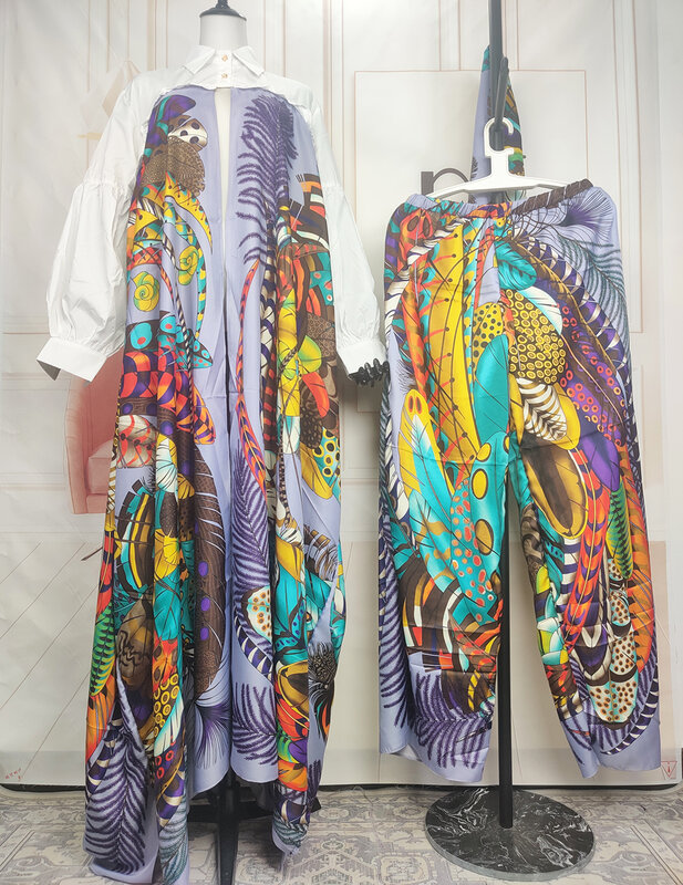 Europe Fashion Autumn 2023 Boho Printed Women Silk Printed Two Pieces Set Plus Size African Blogger Long Pants + Cardigans