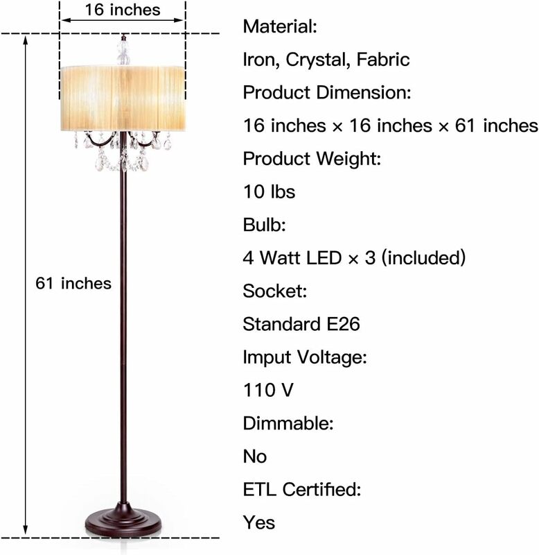 Crystal Floor Lamp Sheer Shade Elegant Design Floor Light Tall Upright lamp Stand Light with Led Bulbs for Living Room