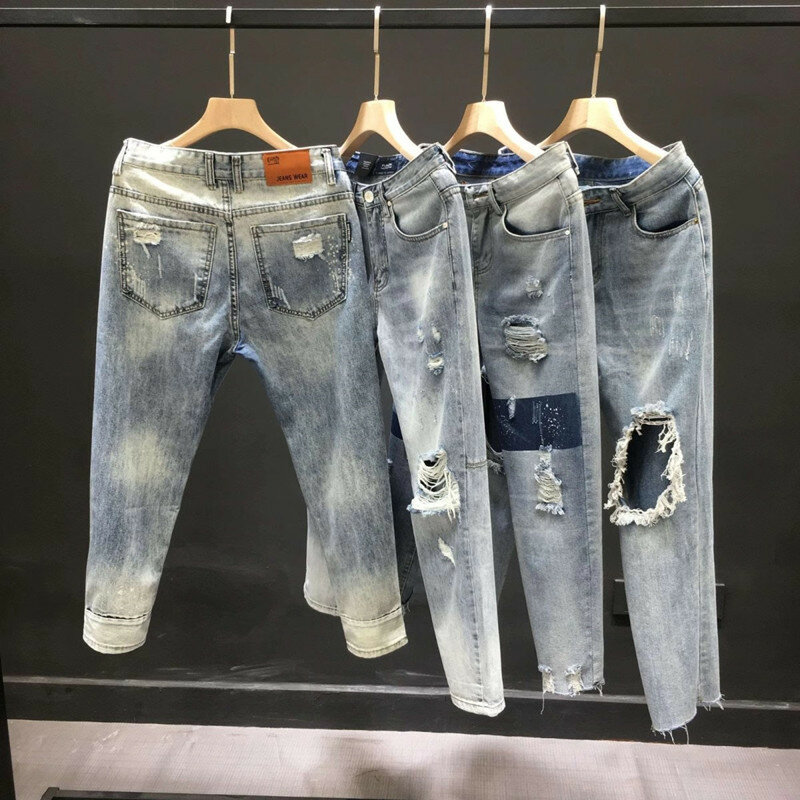 Джинсы мужские рваные потертые, повседневные узкие джинсы, винтажные ковбойские брендовые Стрейчевые брюки с потертостями, с дырками, весна-осень 2024